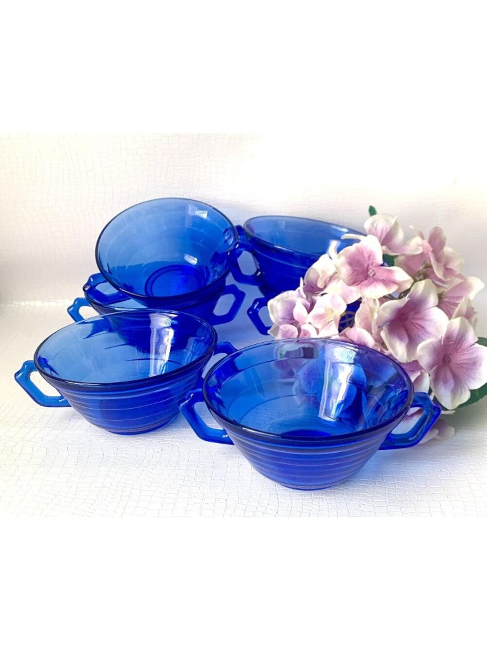 6 Cobalt Blue Modertone Cream Soup Bowls Depression Glass Hazel Atlas 1930's